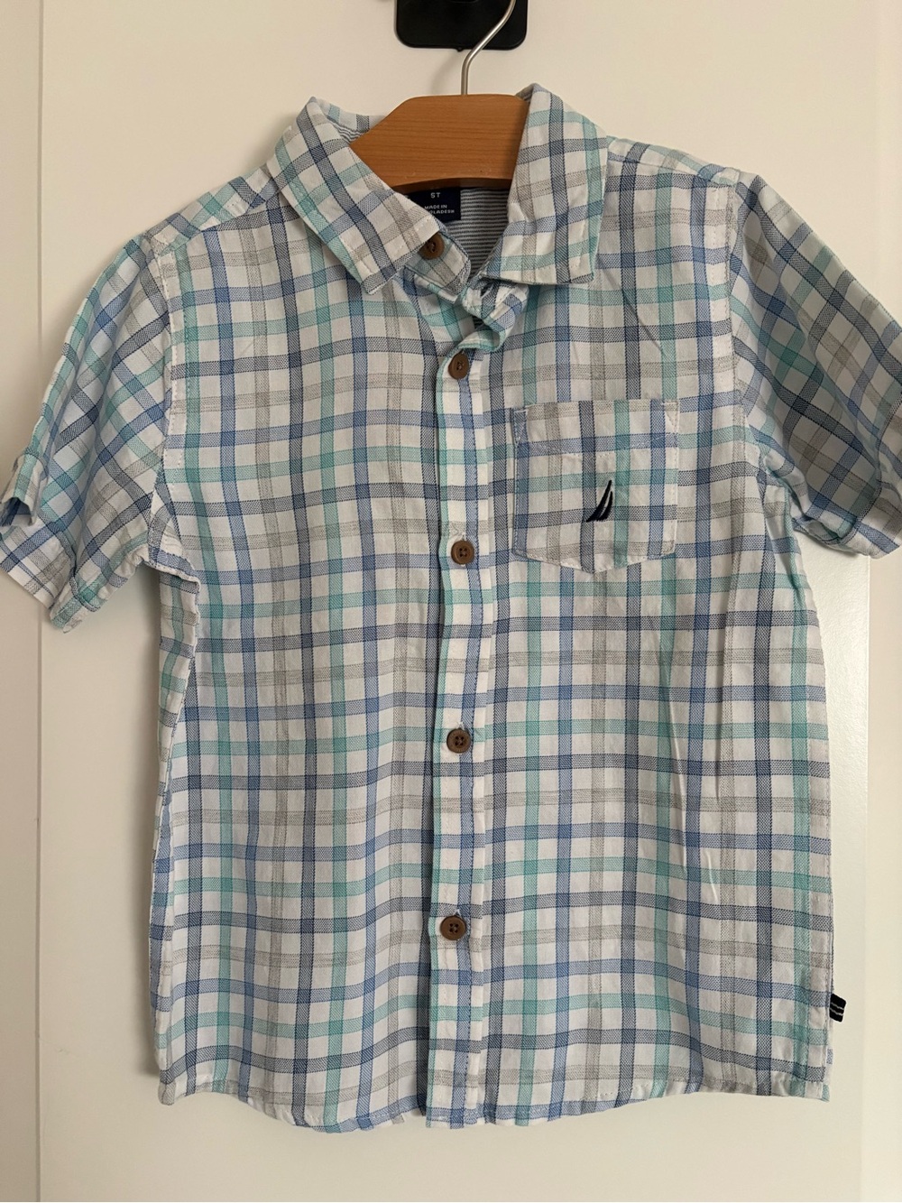 Nautica White, Blue & Mint Plaid Short-Sleeve Button-Up Shirt